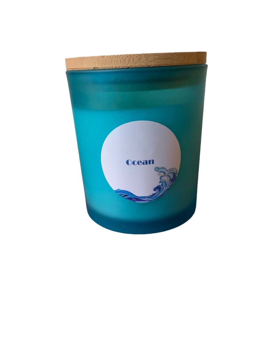 14oz Ocean Fragrance Soy Blend Candle with a refreshing ocean scent, elegantly designed for a clean and long-lasting burn.