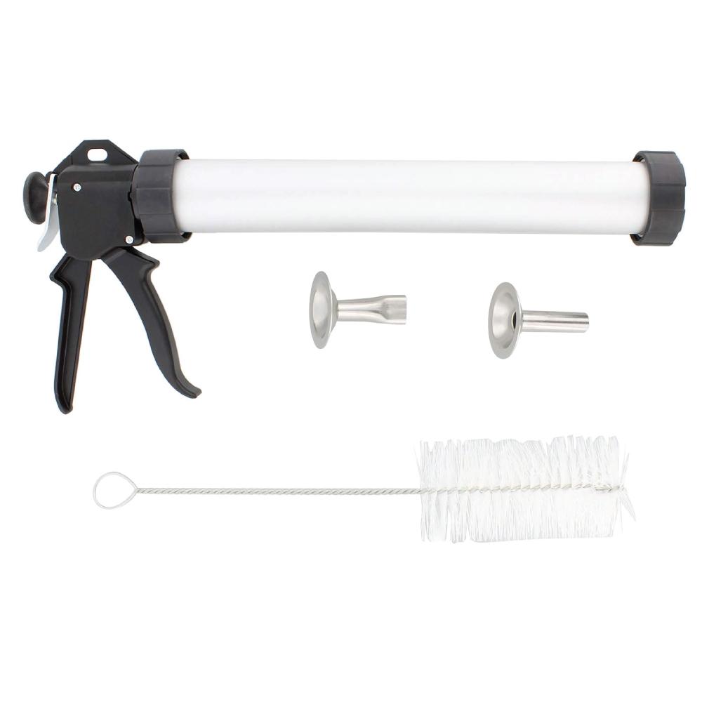 15-inch beef jerky gun made of food-grade aluminum with stainless steel nozzles for homemade jerky and sausage making.