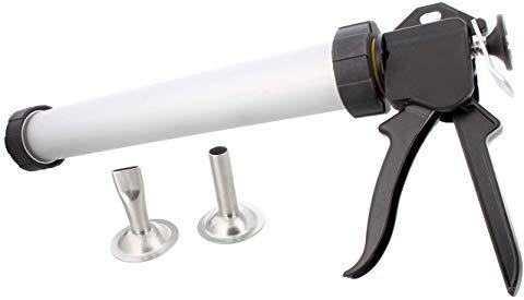 15-inch beef jerky gun made of food-grade aluminum with stainless steel nozzles for homemade jerky and sausage making.