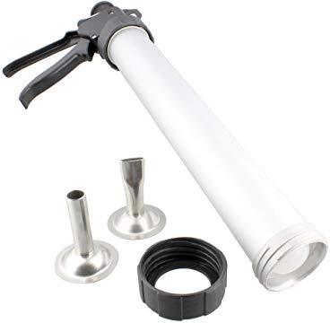 15-inch beef jerky gun made of food-grade aluminum with stainless steel nozzles for homemade jerky and sausage making.