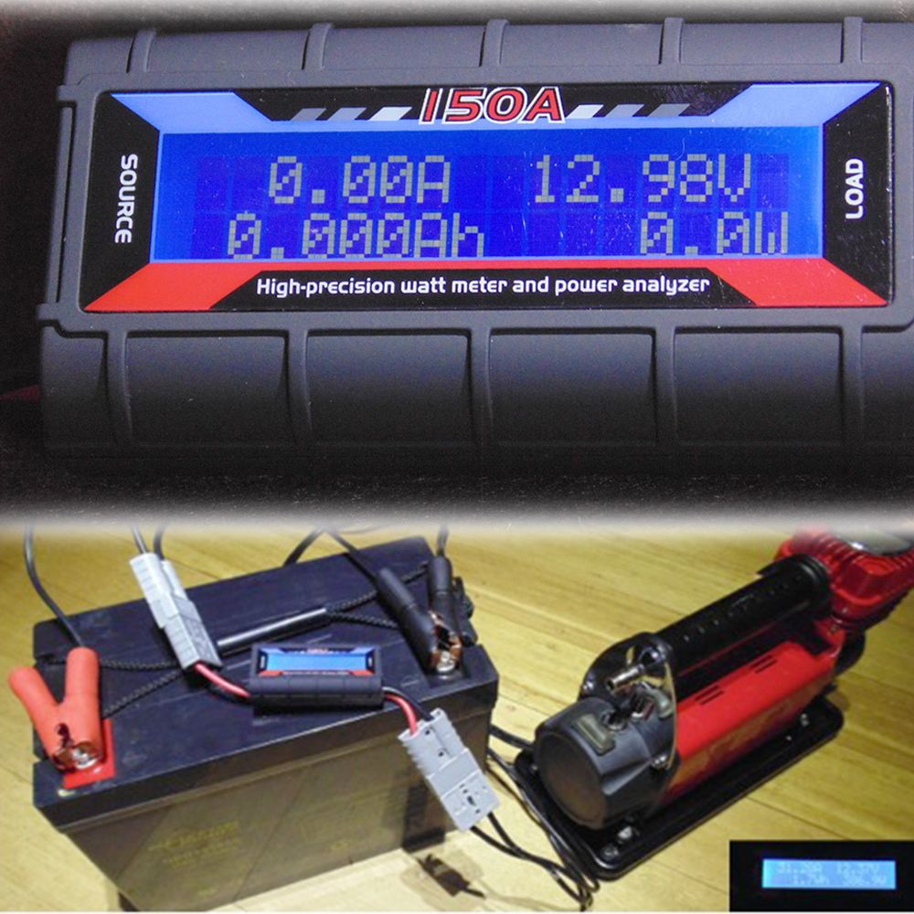 150A Watt Meter Power Analyzer with blue backlit LCD display and two Anderson style plugs, designed for accurate voltage and current measurements.