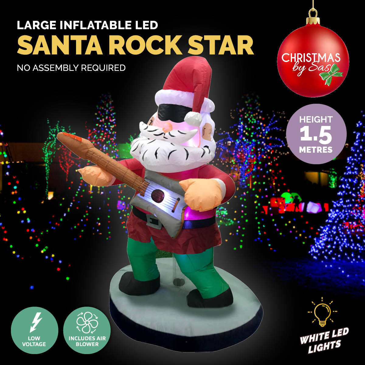 1.5m inflatable Santa Rock Star with guitar, bright LED lights, and built-in blower, perfect for outdoor Christmas decoration.