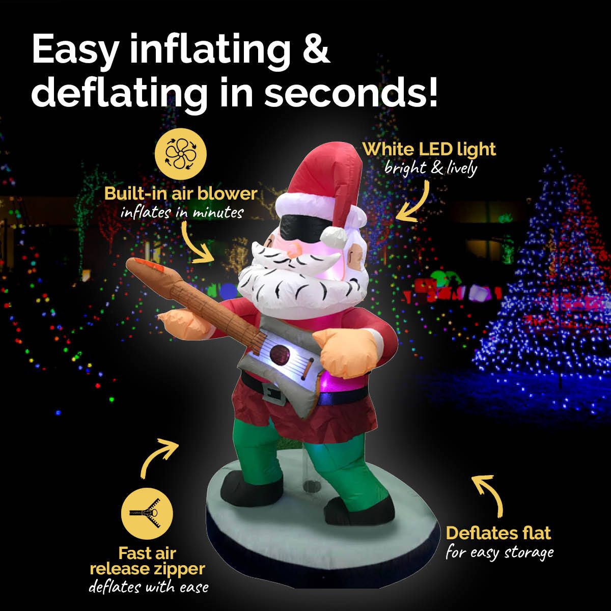 1.5m inflatable Santa Rock Star with guitar, bright LED lights, and built-in blower, perfect for outdoor Christmas decoration.