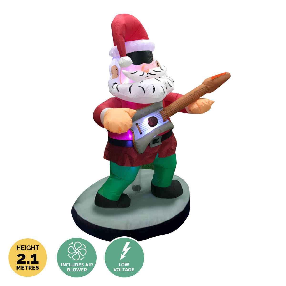 1.5m inflatable Santa Rock Star with guitar, bright LED lights, and built-in blower, perfect for outdoor Christmas decoration.