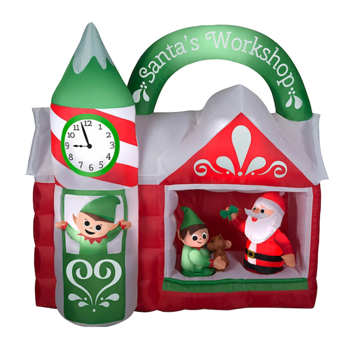 A vibrant inflatable Santa's Workshop with white LED lights, perfect for outdoor Christmas decorations, showcasing a festive atmosphere.