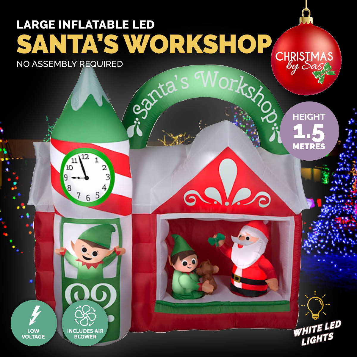 A vibrant inflatable Santa's Workshop with white LED lights, perfect for outdoor Christmas decorations, showcasing a festive atmosphere.