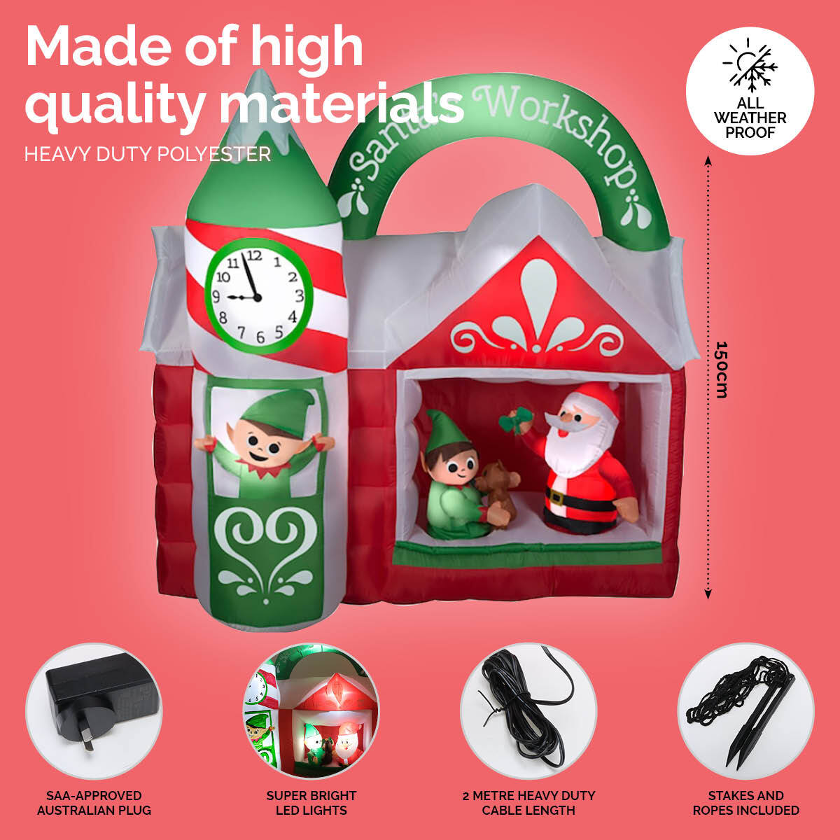 A vibrant inflatable Santa's Workshop with white LED lights, perfect for outdoor Christmas decorations, showcasing a festive atmosphere.