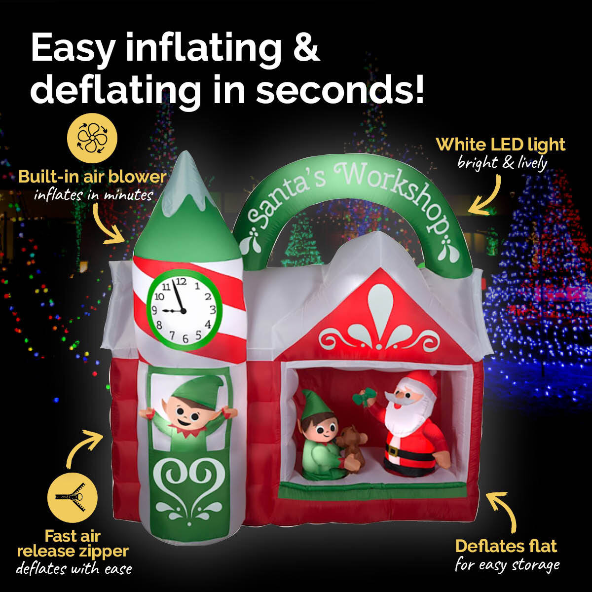 A vibrant inflatable Santa's Workshop with white LED lights, perfect for outdoor Christmas decorations, showcasing a festive atmosphere.