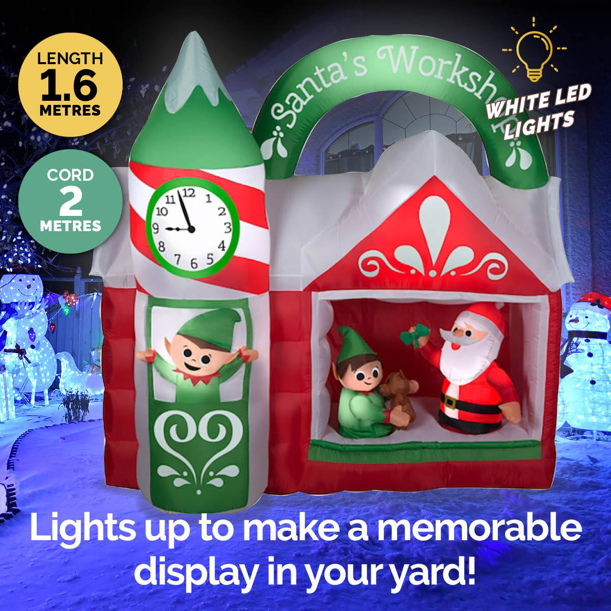 A vibrant inflatable Santa's Workshop with white LED lights, perfect for outdoor Christmas decorations, showcasing a festive atmosphere.