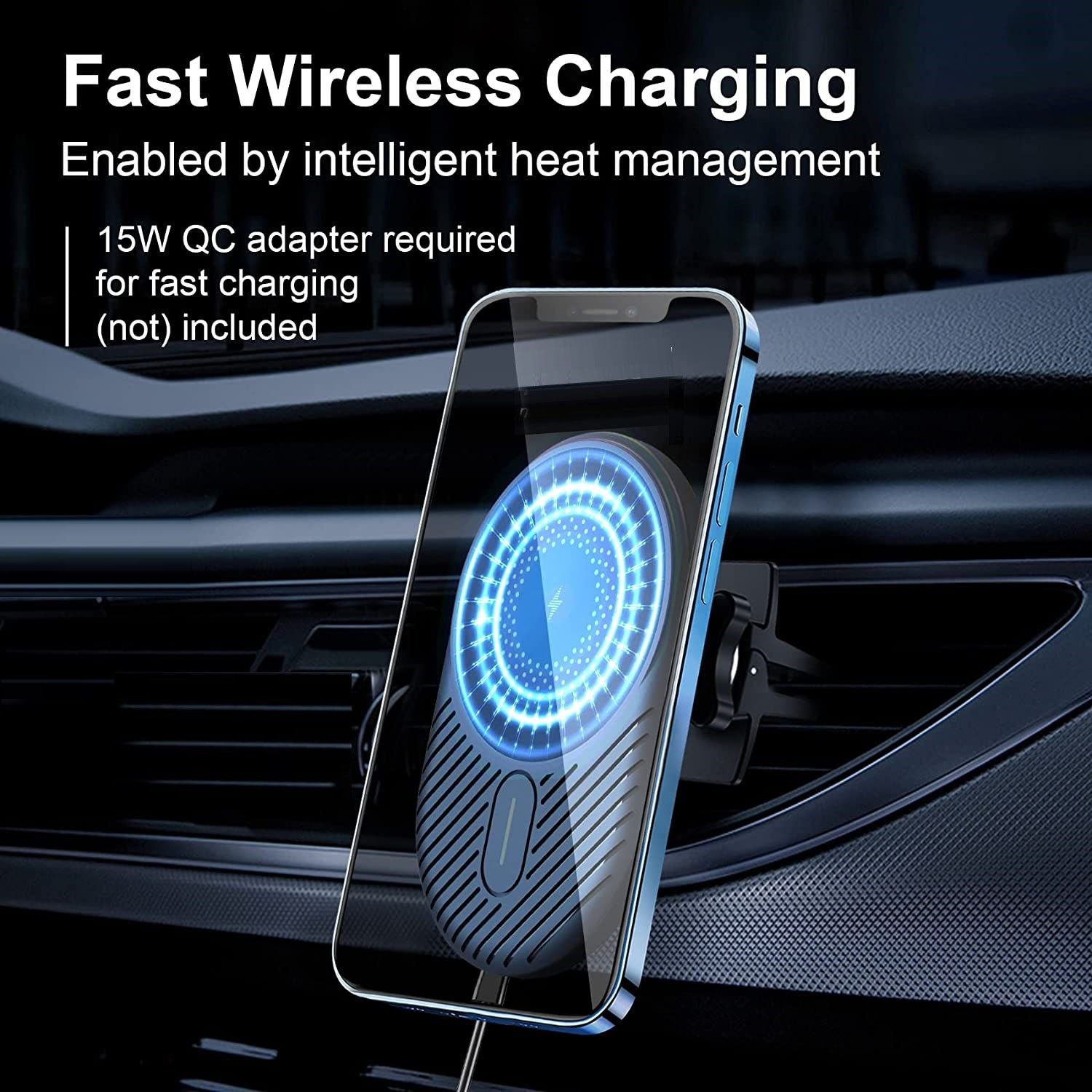 15W Wireless Car Charger Magnetic with QI Fast Charging, designed for iPhones, featuring a powerful magnetic hold and adjustable rotation.