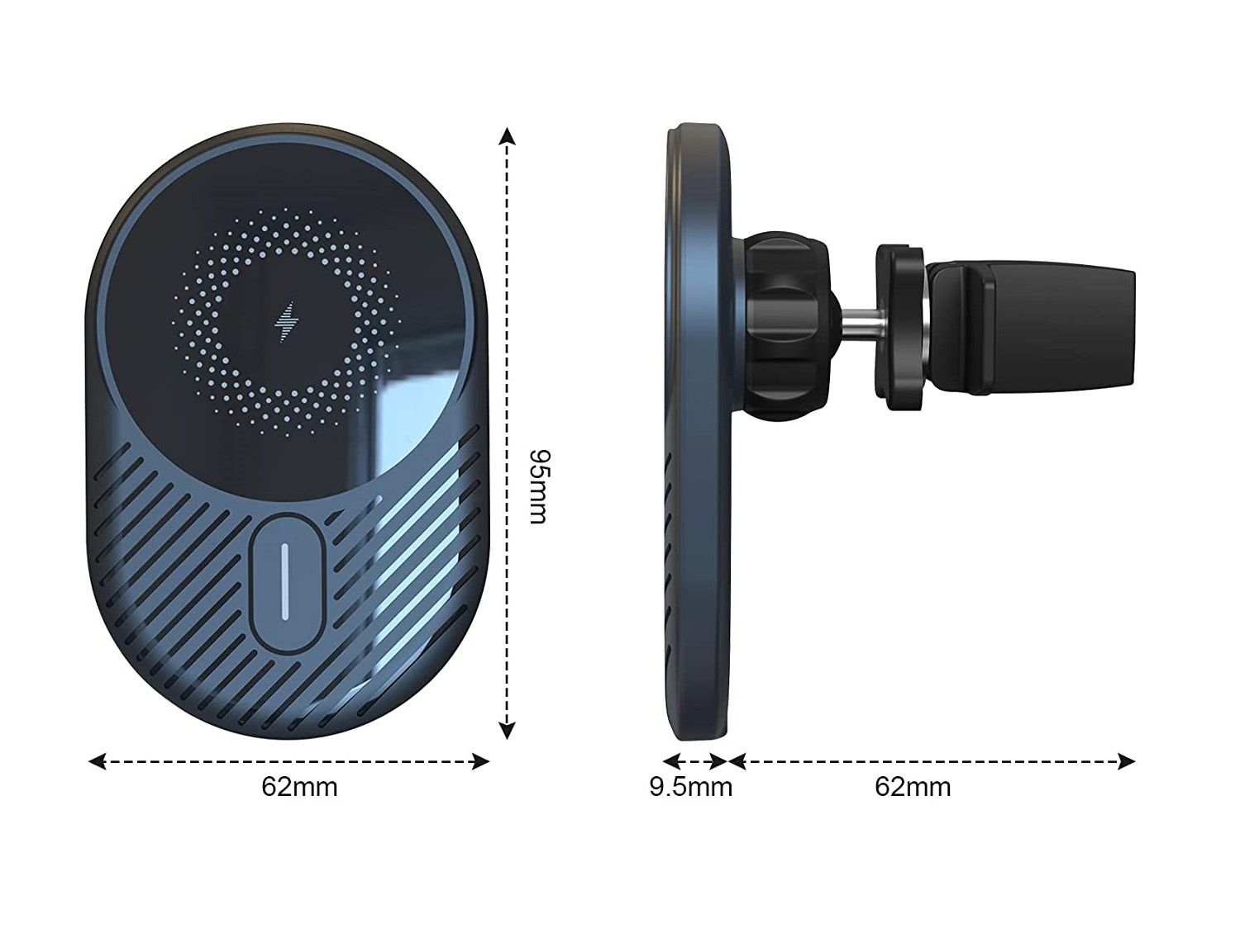 15W Wireless Car Charger Magnetic with QI Fast Charging, designed for iPhones, featuring a powerful magnetic hold and adjustable rotation.