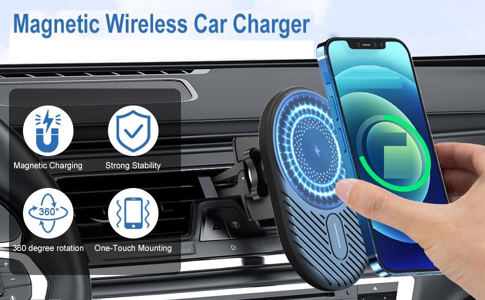 15W Wireless Car Charger Magnetic with QI Fast Charging, designed for iPhones, featuring a powerful magnetic hold and adjustable rotation.