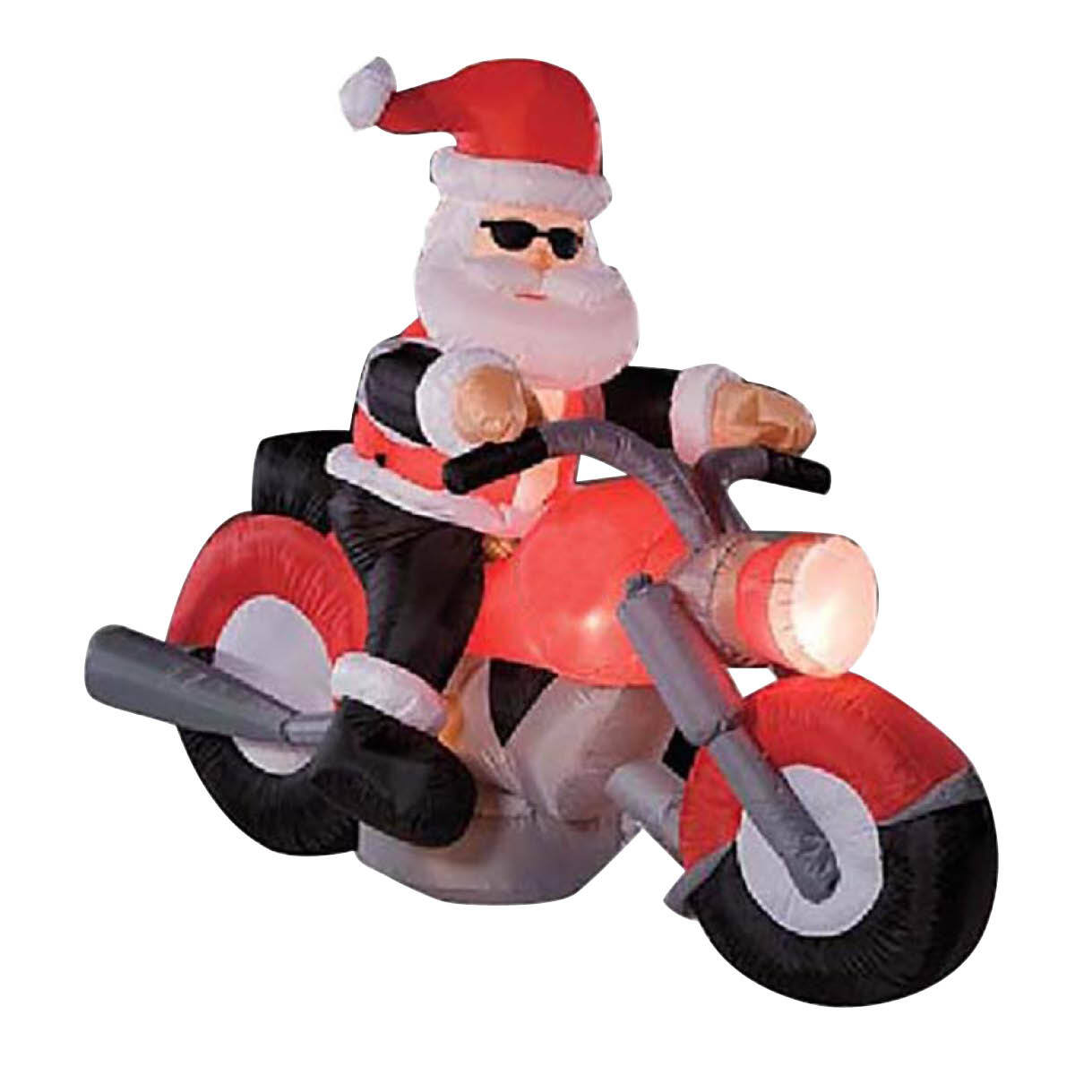 Inflatable Santa riding a motorbike with bright LED lights, perfect for outdoor Christmas decorations.