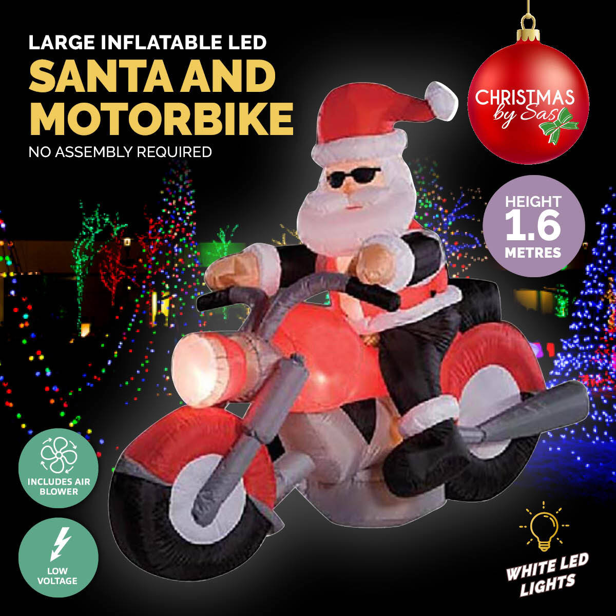 Inflatable Santa riding a motorbike with bright LED lights, perfect for outdoor Christmas decorations.