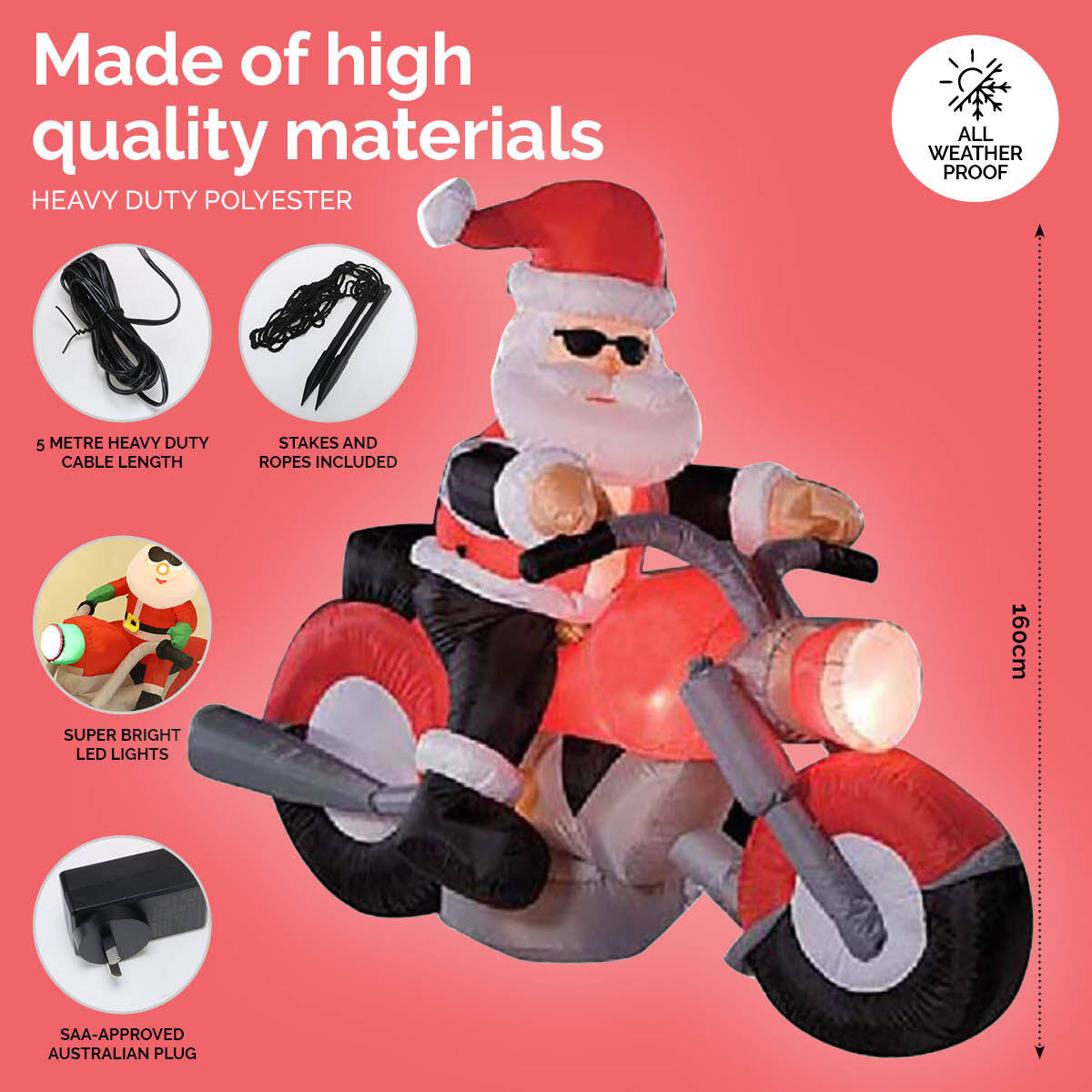 Inflatable Santa riding a motorbike with bright LED lights, perfect for outdoor Christmas decorations.