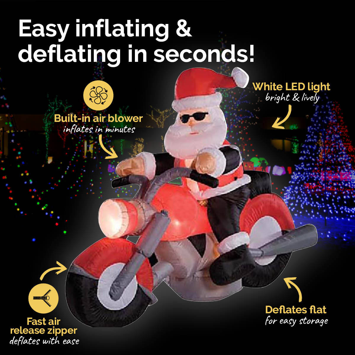 Inflatable Santa riding a motorbike with bright LED lights, perfect for outdoor Christmas decorations.