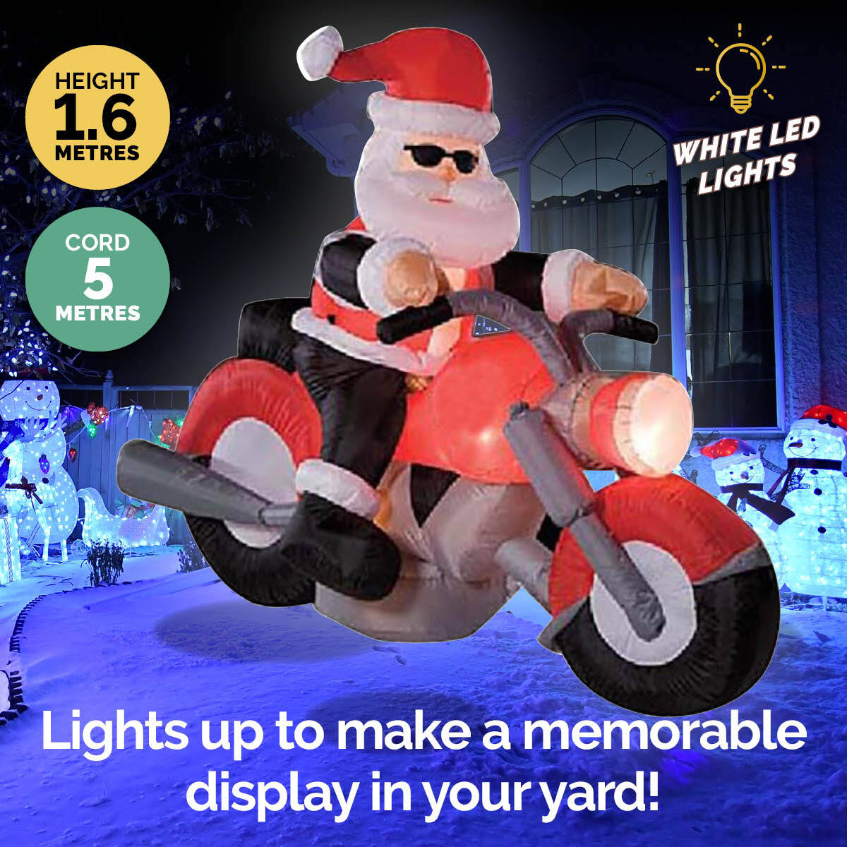 Inflatable Santa riding a motorbike with bright LED lights, perfect for outdoor Christmas decorations.