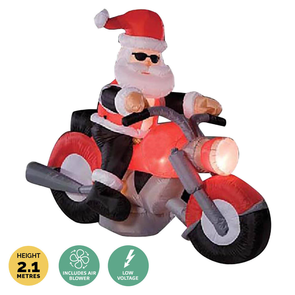 Inflatable Santa riding a motorbike with bright LED lights, perfect for outdoor Christmas decorations.