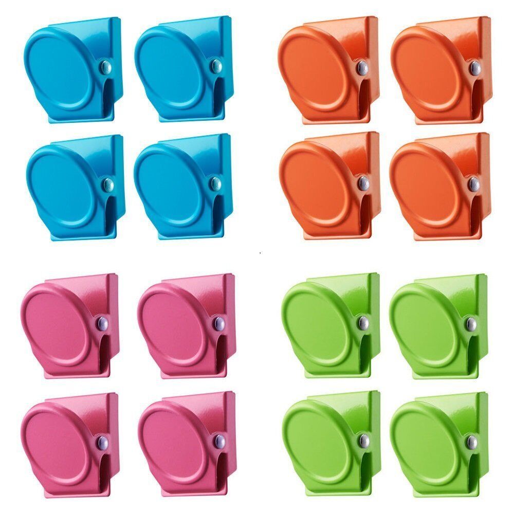 A set of 16 colorful magnetic spring clamps designed for holding notes and photos on refrigerators and other metal surfaces.