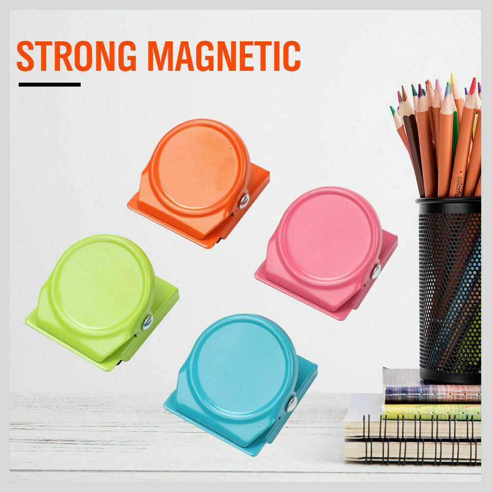 A set of 16 colorful magnetic spring clamps designed for holding notes and photos on refrigerators and other metal surfaces.