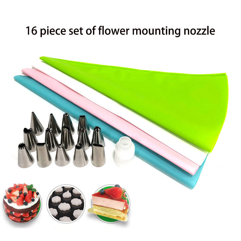 16-piece piping tip set including various stainless steel tips and a 12-inch EVA piping bag for cake decorating.