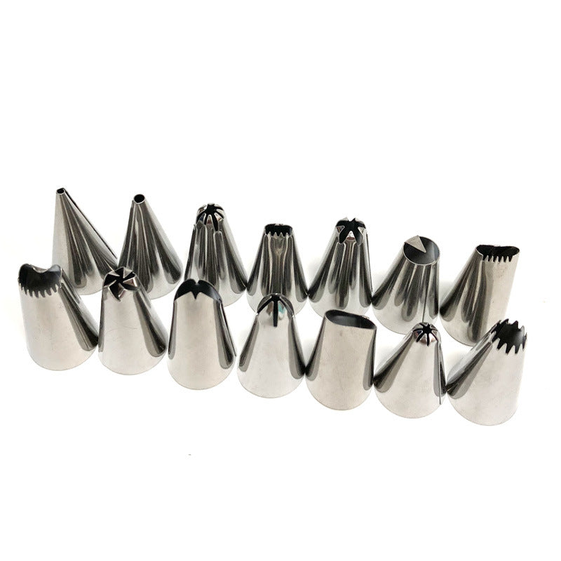 16-piece piping tip set including various stainless steel tips and a 12-inch EVA piping bag for cake decorating.