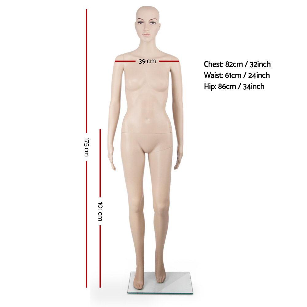 175cm tall full body female mannequin in skin color, showcasing adjustable arms and head on a polished glass base.