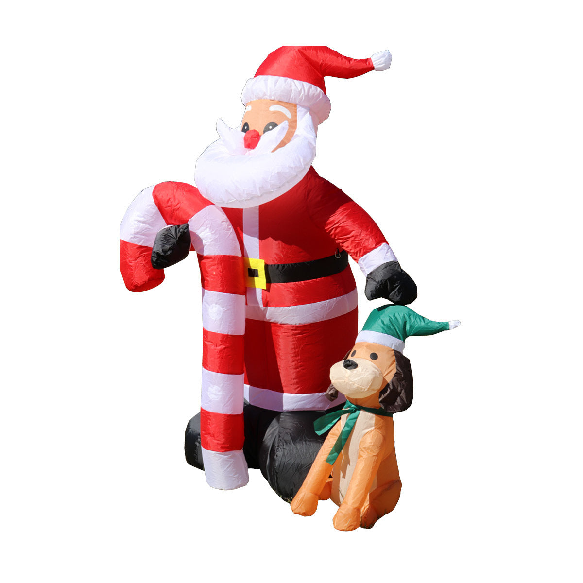 1.7m inflatable Christmas decoration featuring Santa, a dog, and a candy cane, illuminated with bright LED lights.