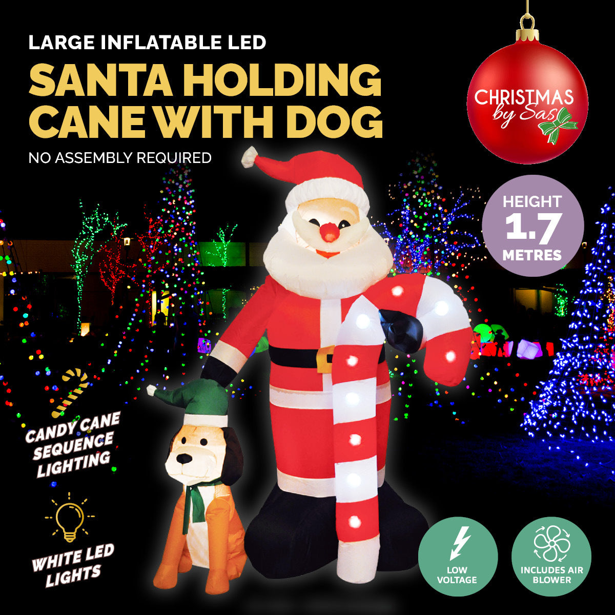 1.7m inflatable Christmas decoration featuring Santa, a dog, and a candy cane, illuminated with bright LED lights.