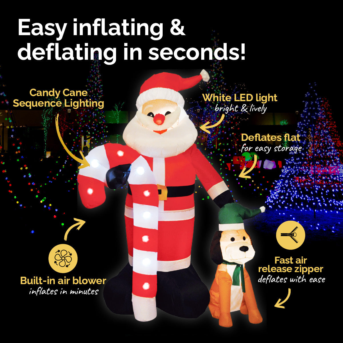 1.7m inflatable Christmas decoration featuring Santa, a dog, and a candy cane, illuminated with bright LED lights.