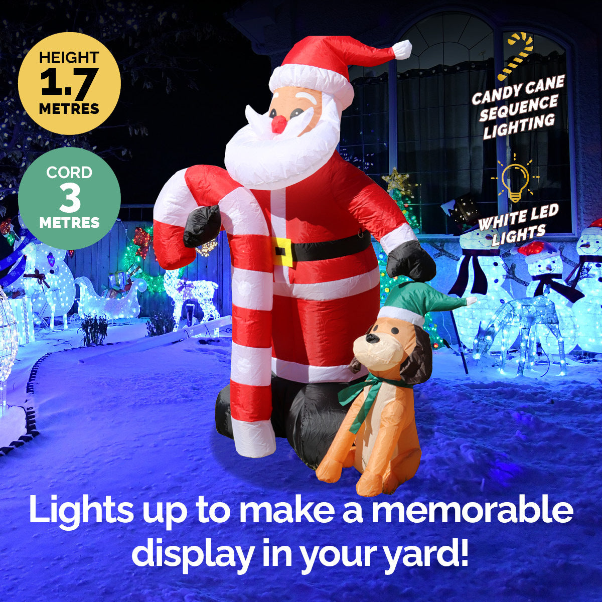 1.7m inflatable Christmas decoration featuring Santa, a dog, and a candy cane, illuminated with bright LED lights.