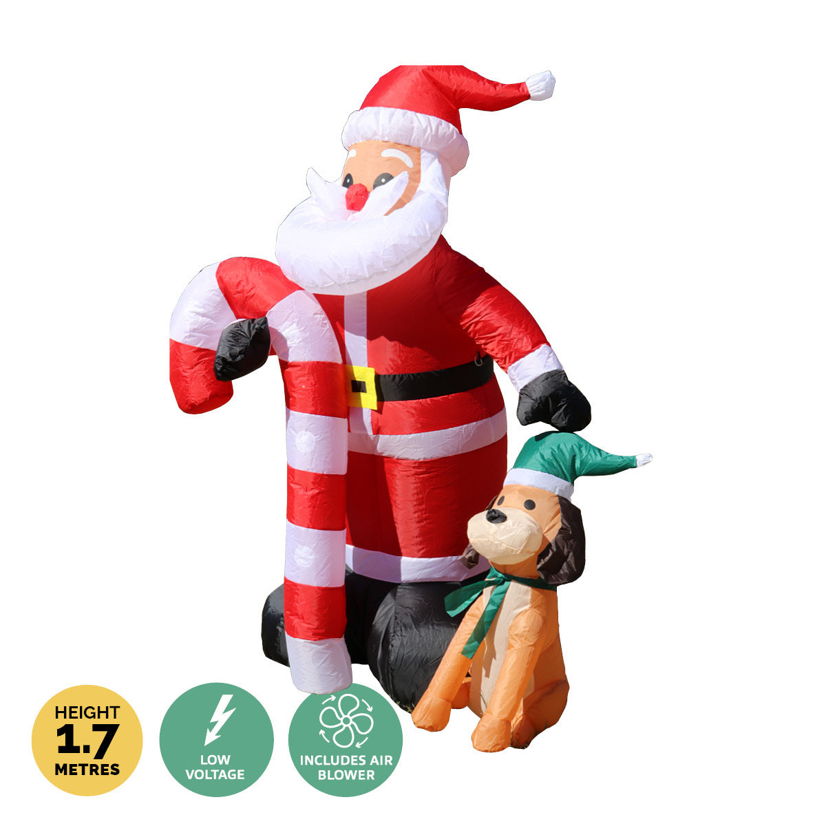 1.7m inflatable Christmas decoration featuring Santa, a dog, and a candy cane, illuminated with bright LED lights.