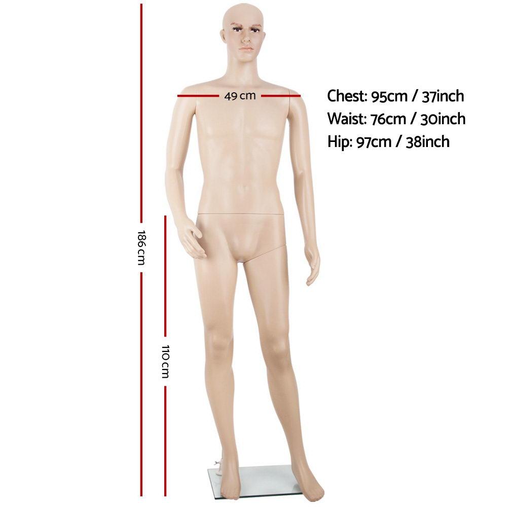 186cm tall full body male mannequin in skin colour, adjustable arms and head, mounted on a polished glass base.