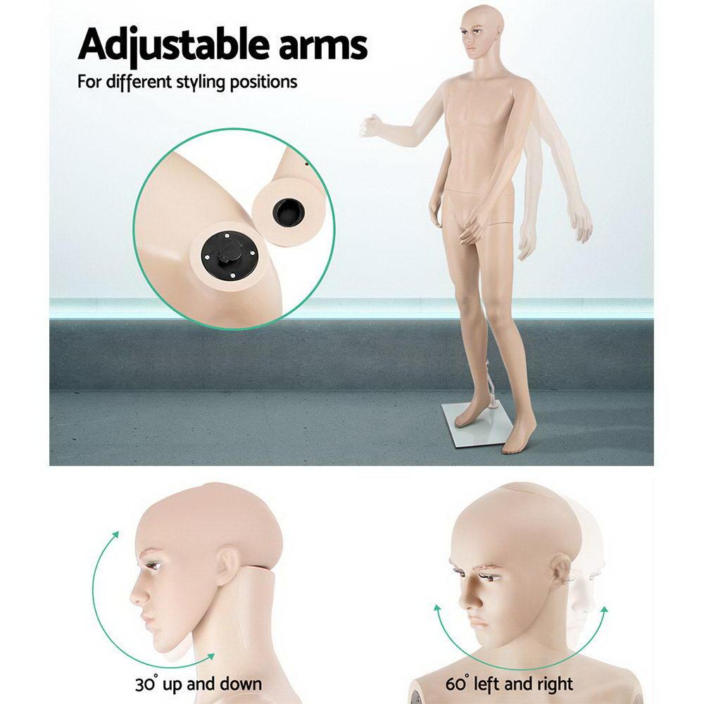 186cm tall full body male mannequin in skin colour, adjustable arms and head, mounted on a polished glass base.