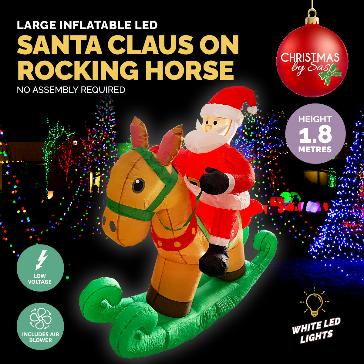 A 1.8m tall inflatable Santa Claus sitting on a rocking horse, illuminated with bright white LED lights, perfect for outdoor Christmas decorations.