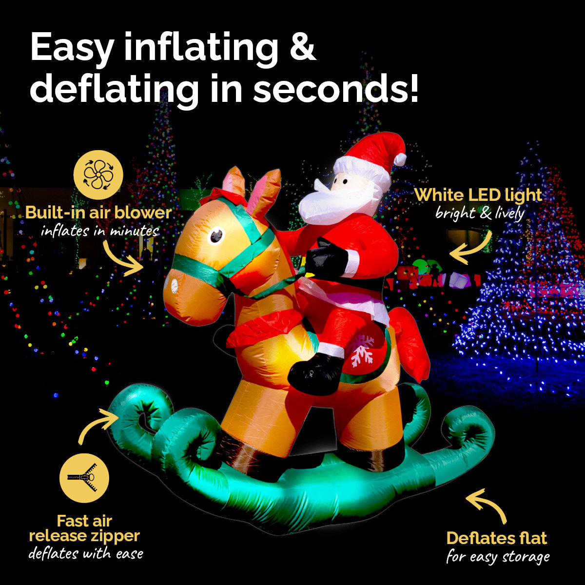 A 1.8m tall inflatable Santa Claus sitting on a rocking horse, illuminated with bright white LED lights, perfect for outdoor Christmas decorations.