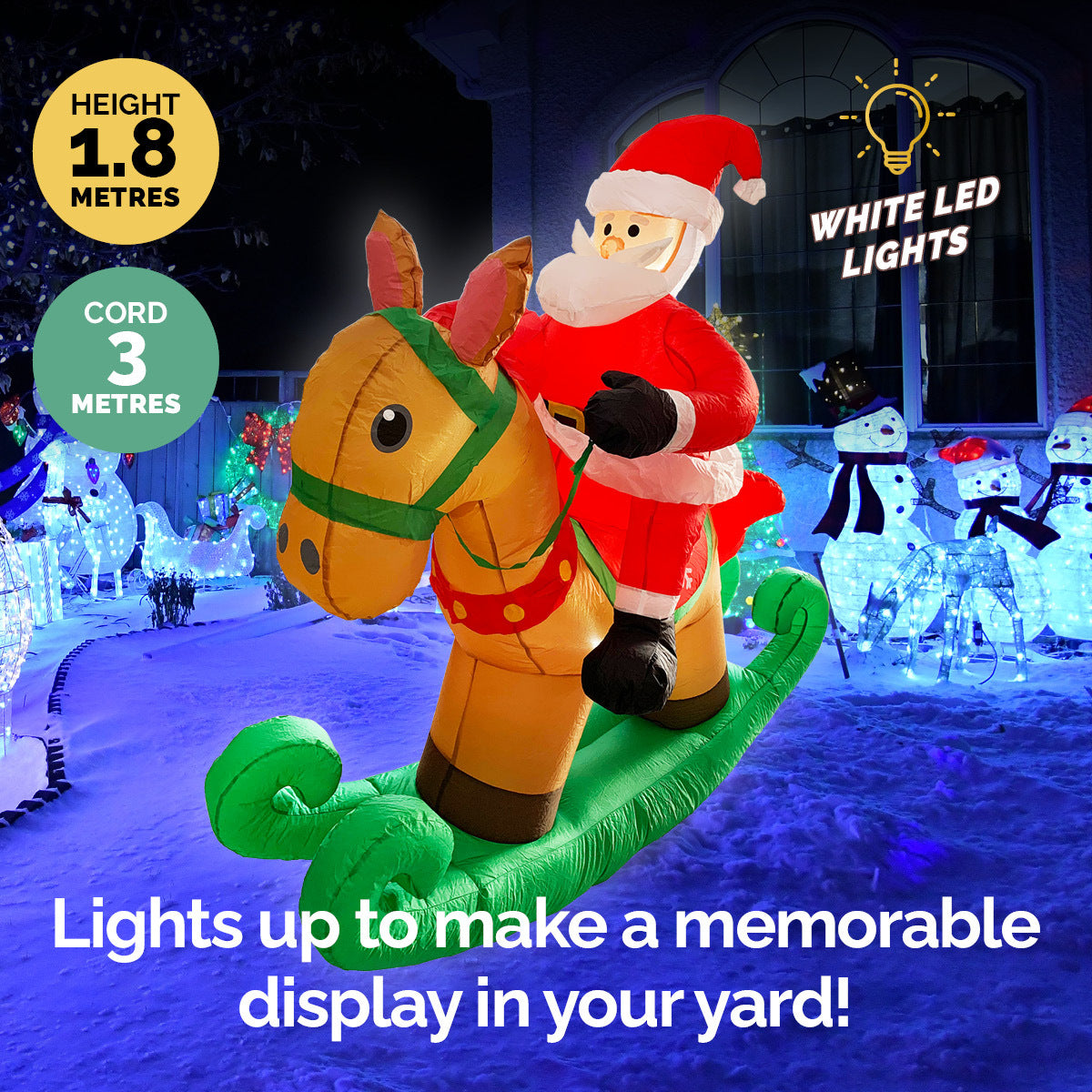 A 1.8m tall inflatable Santa Claus sitting on a rocking horse, illuminated with bright white LED lights, perfect for outdoor Christmas decorations.