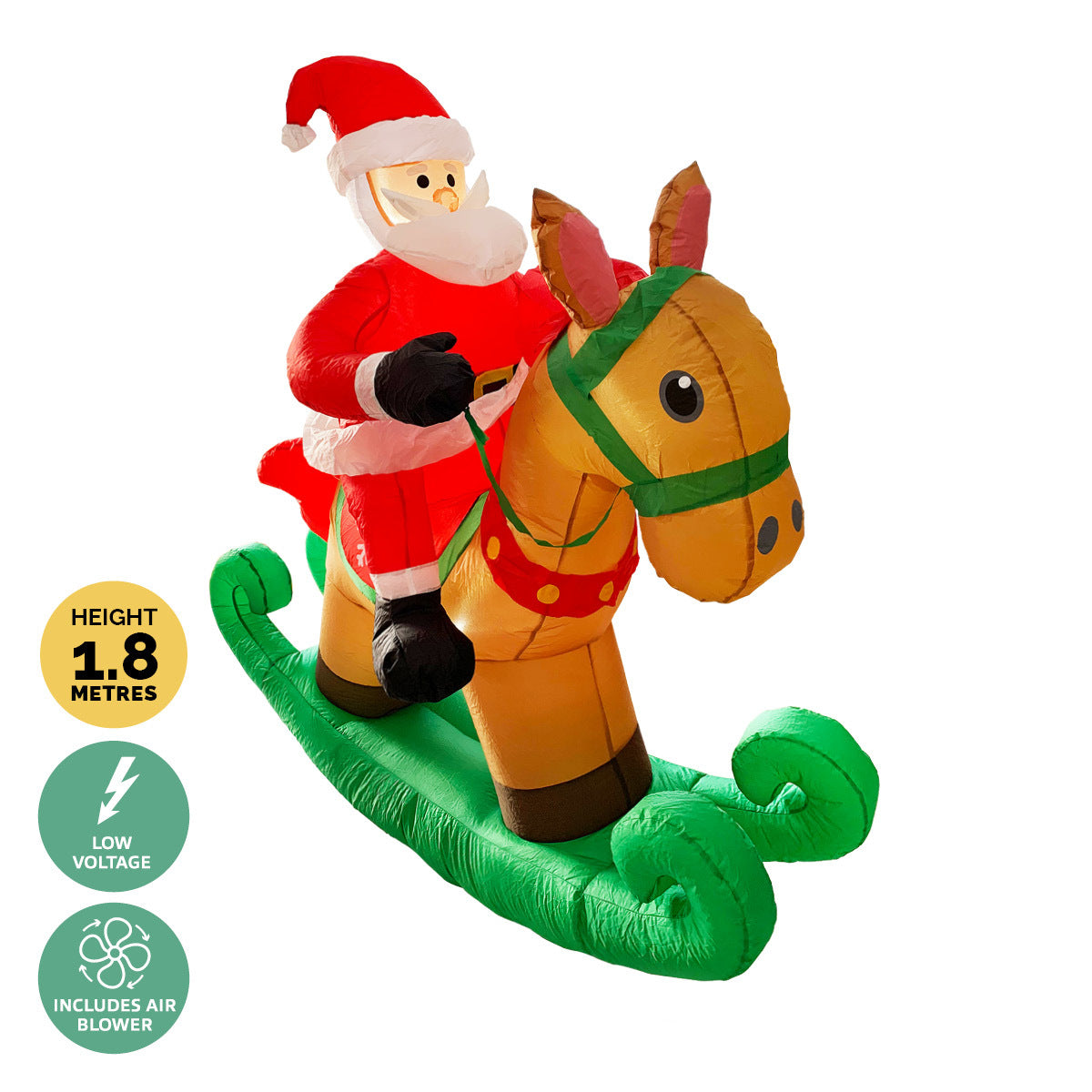 A 1.8m tall inflatable Santa Claus sitting on a rocking horse, illuminated with bright white LED lights, perfect for outdoor Christmas decorations.