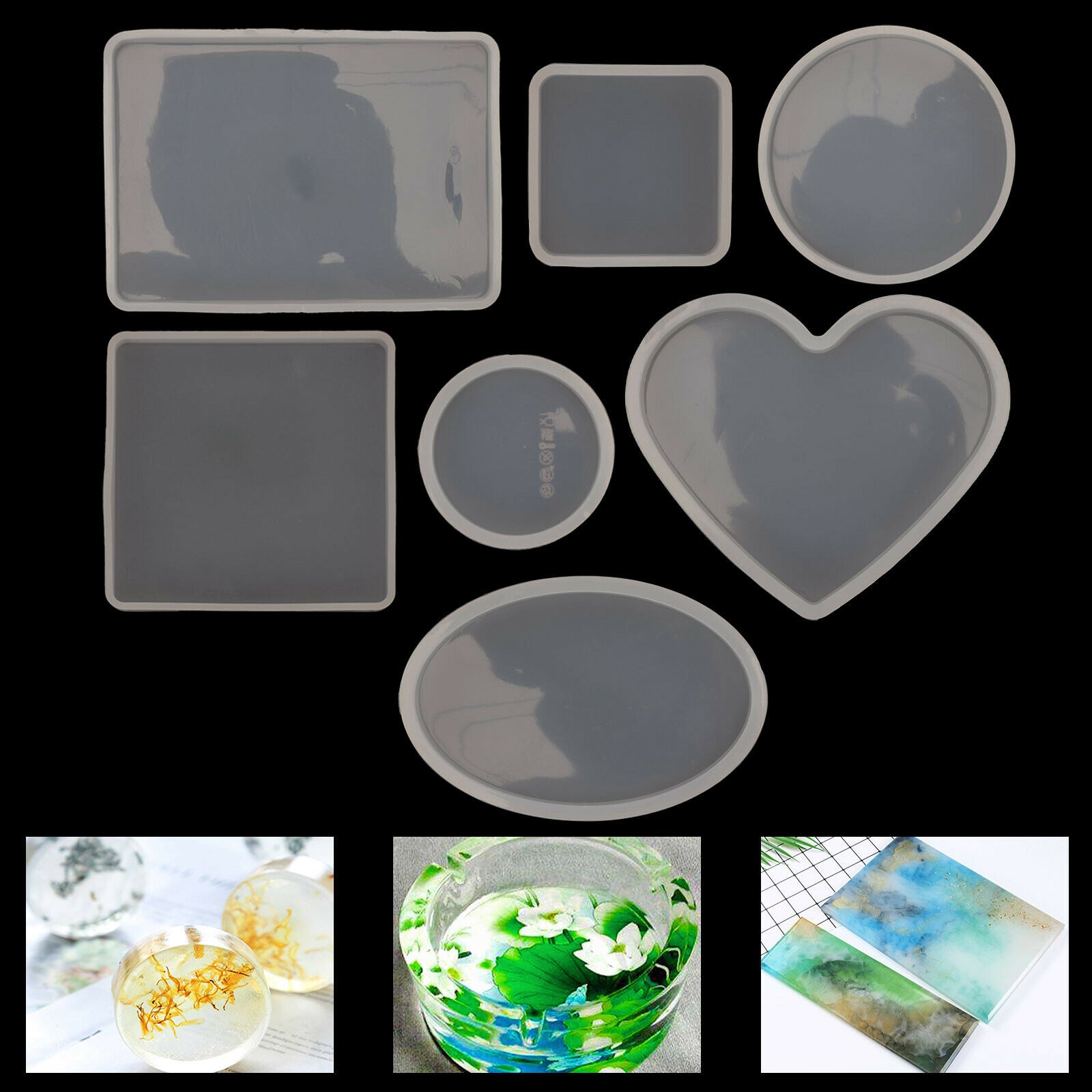 18pcs silicone mold kit for crafting coasters, featuring various shapes including round, square, and snowflake designs.