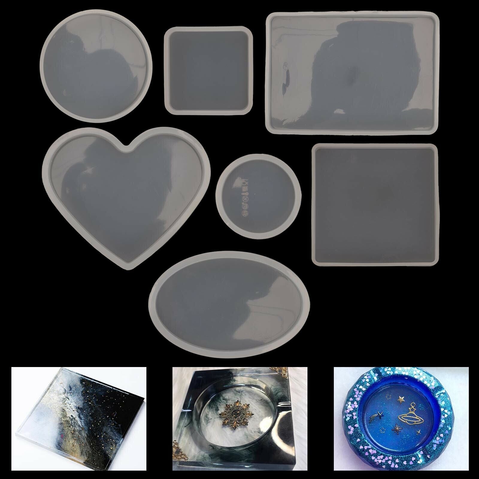 18pcs silicone mold kit for crafting coasters, featuring various shapes including round, square, and snowflake designs.