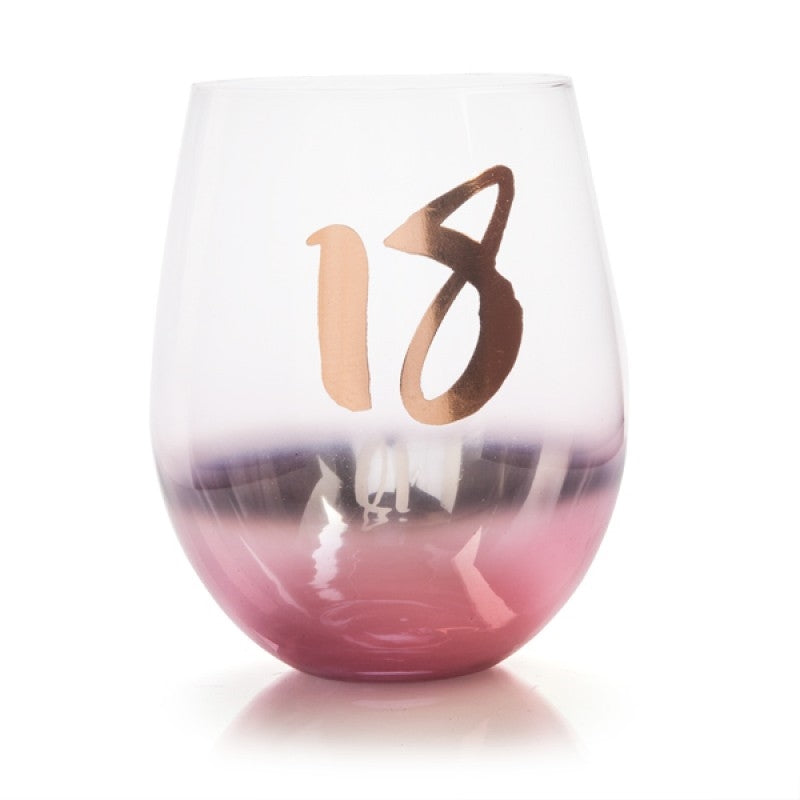 Elegant 18th birthday blush stemless glass with metallic rose gold base and cursive number decal.