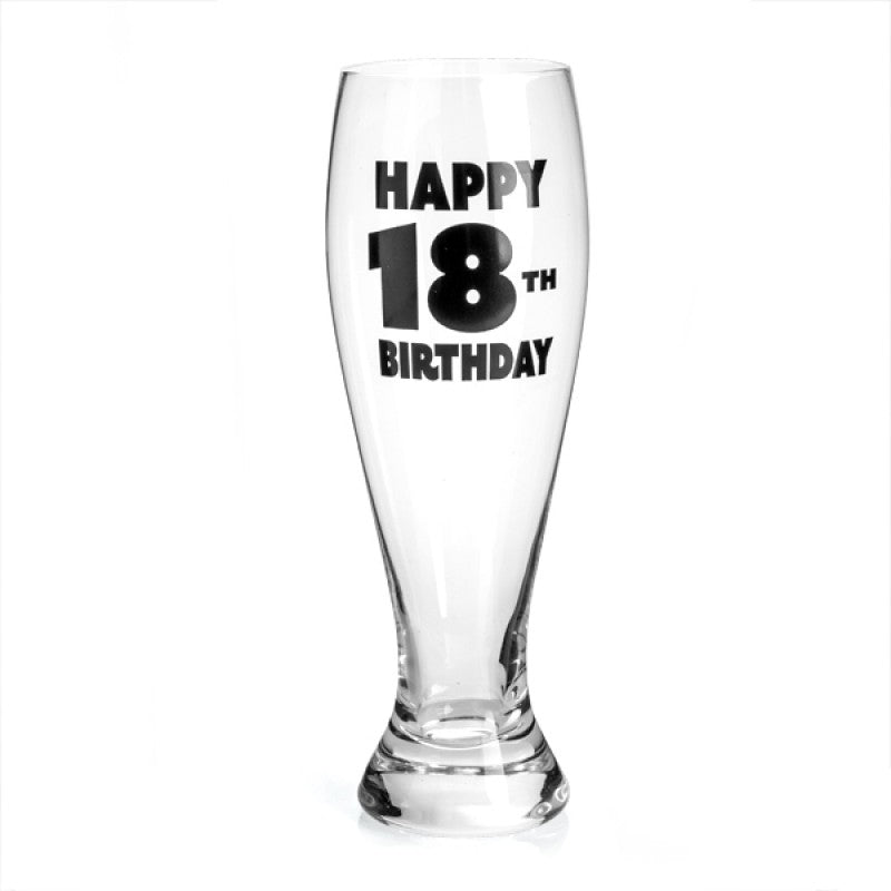 Elegant 18th Birthday Pilsner Glass with black 'Happy 18th Birthday' decal, showcasing its hand-blown craftsmanship.