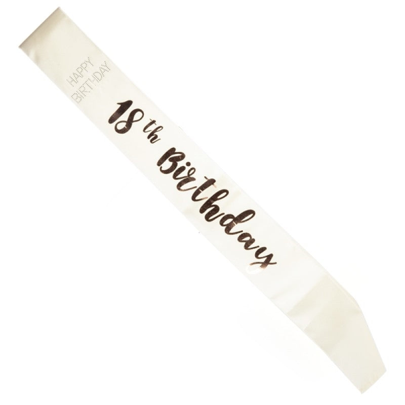 Elegant 18th birthday sash featuring rose gold lettering on a white background, perfect for celebrations.