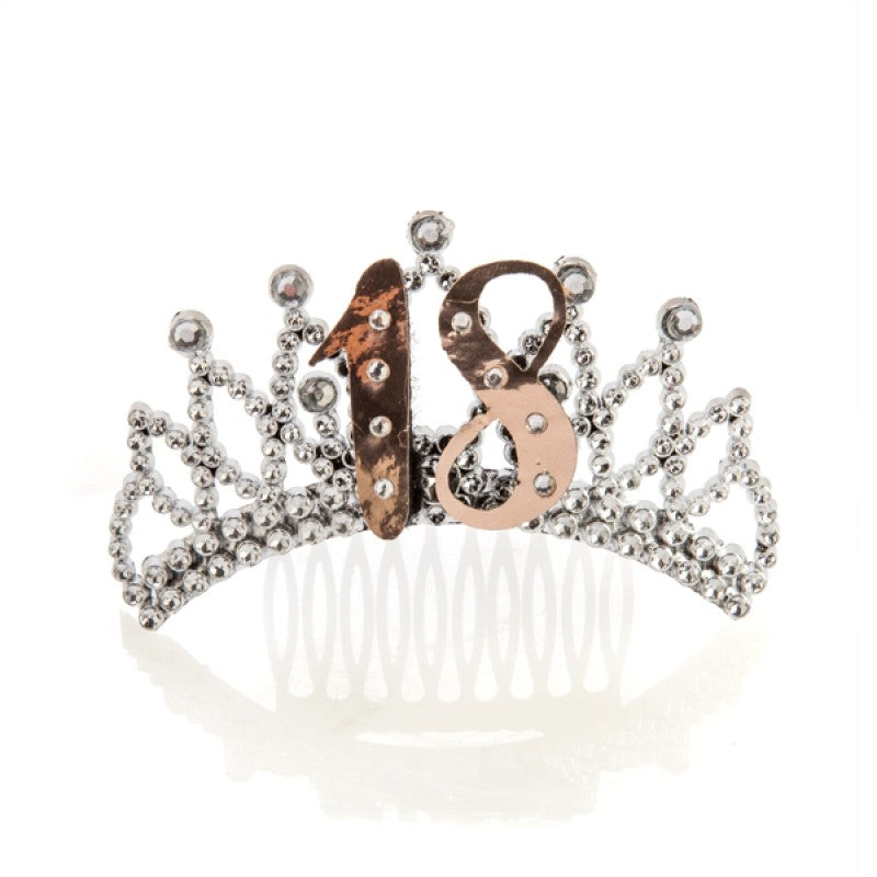 Elegant silver tiara featuring a rose gold 18 birthday number badge, perfect for 18th birthday celebrations.