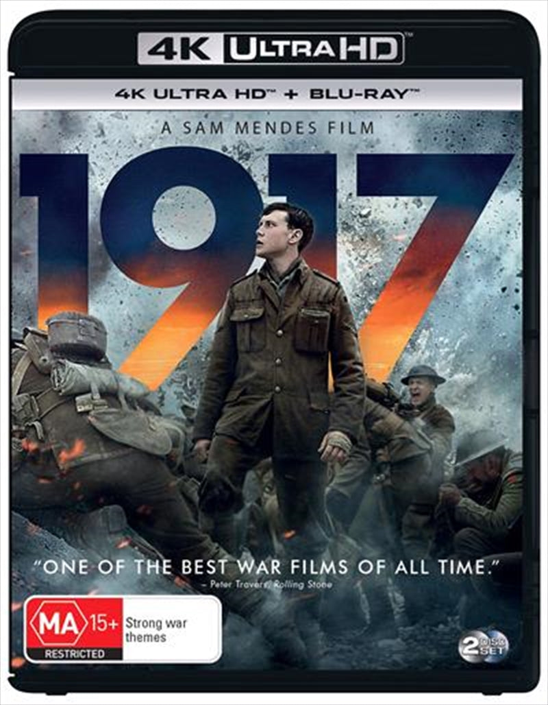 Blu-ray + UHD edition of the film 1917, showcasing the cover art featuring two soldiers in a war-torn landscape.