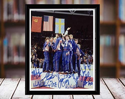 Framed 1980 USA Hockey Autograph Replica Print in black metal frame, showcasing iconic sports moment.