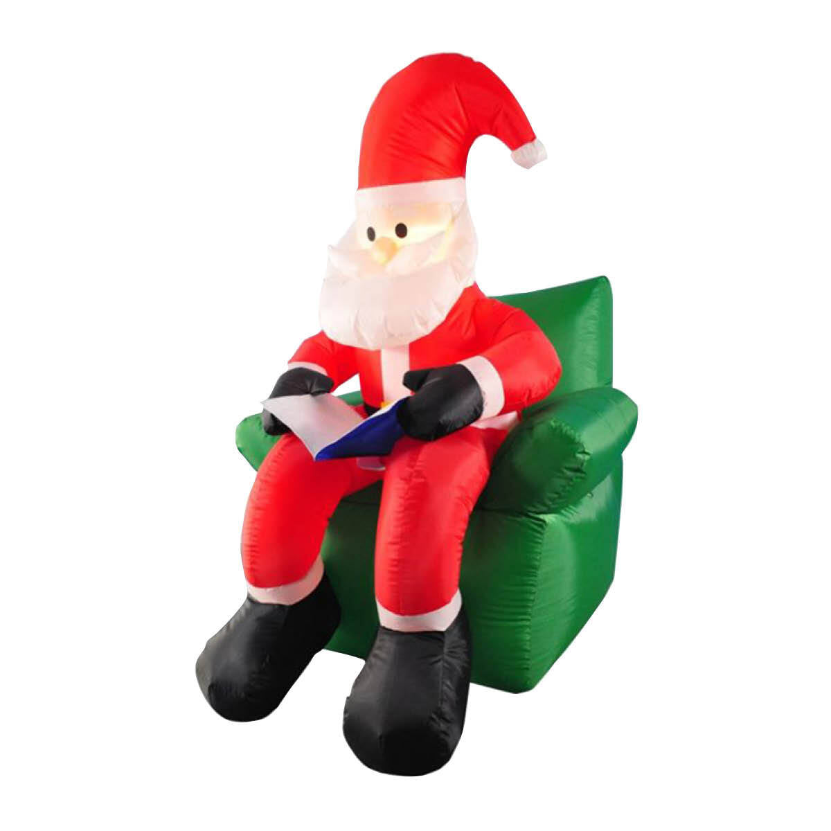 1.9m inflatable Santa sitting in a reading chair, illuminated with bright white LED lights, perfect for outdoor Christmas decorations.