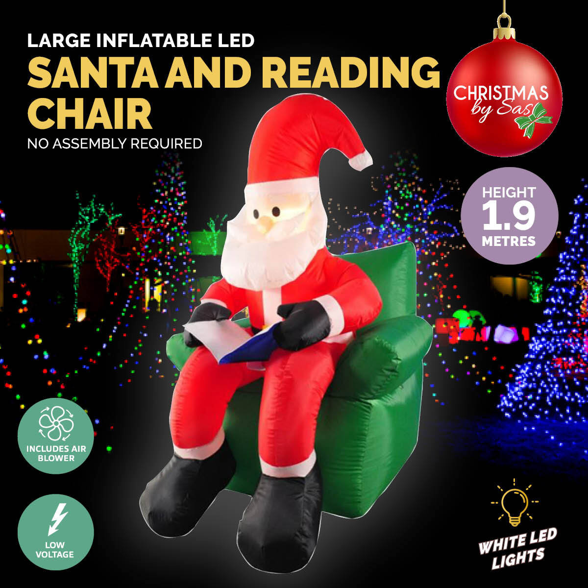 1.9m inflatable Santa sitting in a reading chair, illuminated with bright white LED lights, perfect for outdoor Christmas decorations.