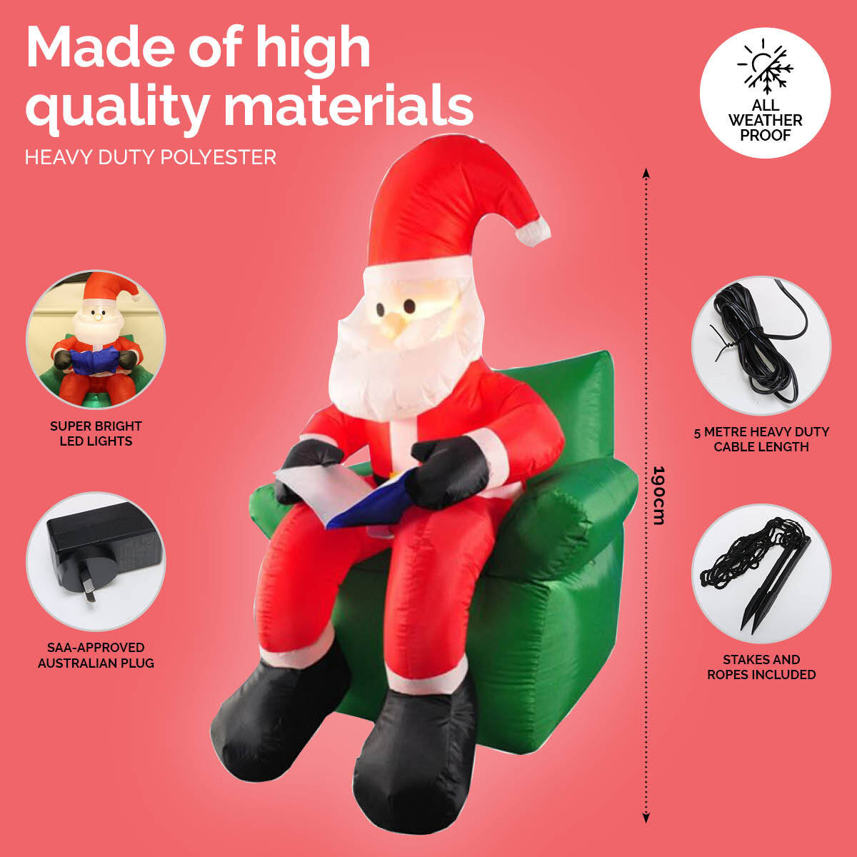 1.9m inflatable Santa sitting in a reading chair, illuminated with bright white LED lights, perfect for outdoor Christmas decorations.