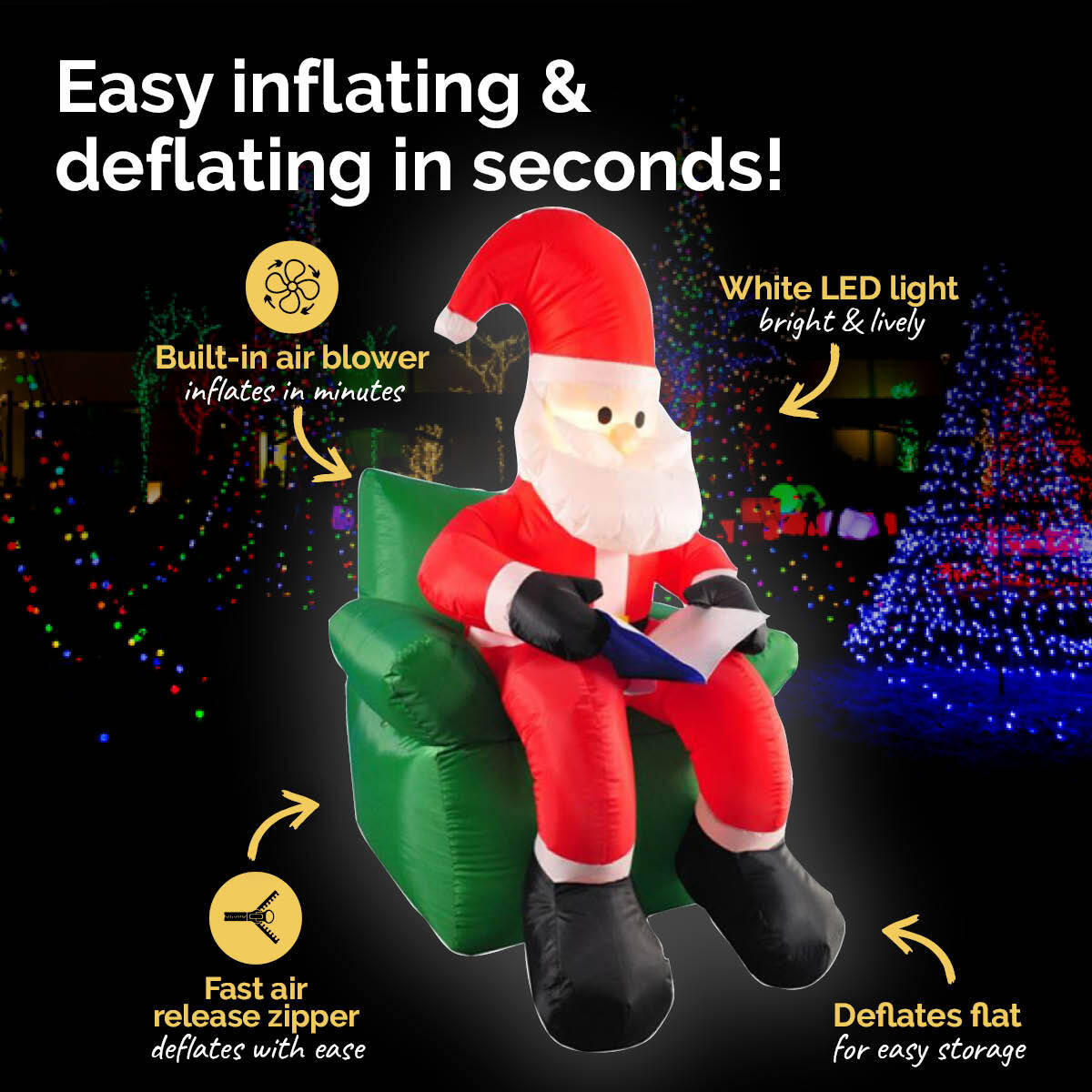 1.9m inflatable Santa sitting in a reading chair, illuminated with bright white LED lights, perfect for outdoor Christmas decorations.